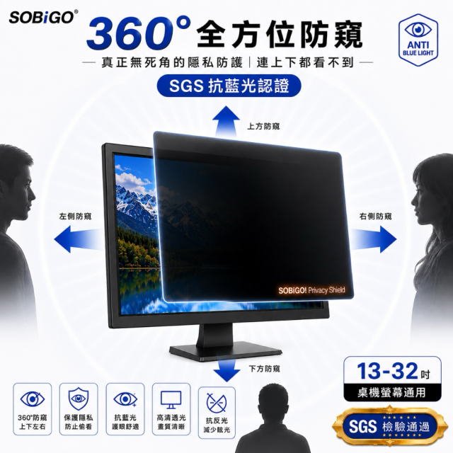 SOBiGO 鎖必隔｜360° 全方位四向防窺抗藍光保護片（多品牌通用型）