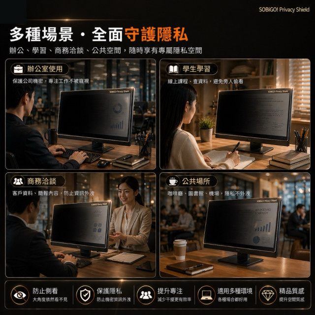 SOBiGO 鎖必隔｜壓克力防窺護眼掛板｜SGS抗藍光・2mm加厚防撞 (17-32吋型號齊全)