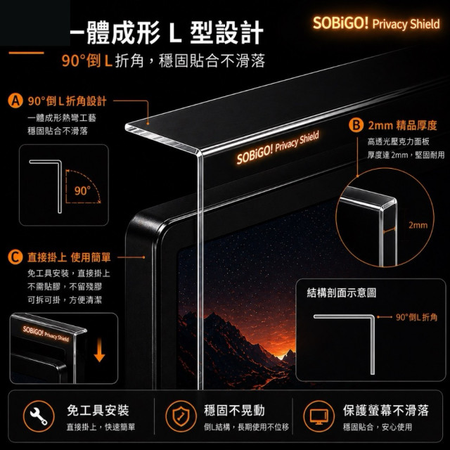 SOBiGO 鎖必隔｜壓克力防窺護眼掛板｜SGS抗藍光・2mm加厚防撞 (17-32吋型號齊全)