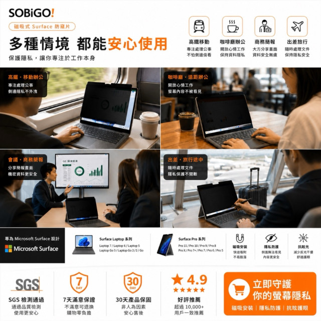 SOBiGO 鎖必隔｜Microsoft Surface 系列專用磁吸式防窺抗藍光保護片