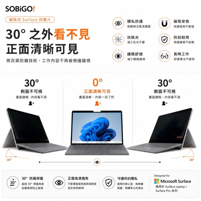 SOBiGO 鎖必隔｜Microsoft Surface 系列專用磁吸式防窺抗藍光保護片