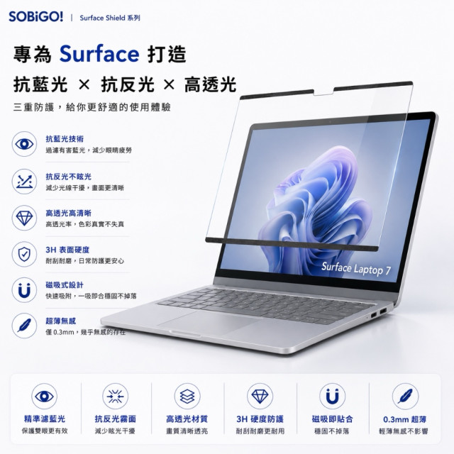 SOBiGO 鎖必隔｜Microsoft Surface 專用磁吸式抗藍光保護膜 (霧面防眩)｜AG防眩光 消除反光倒影 護眼首選 Pro 11/10/9 Laptop