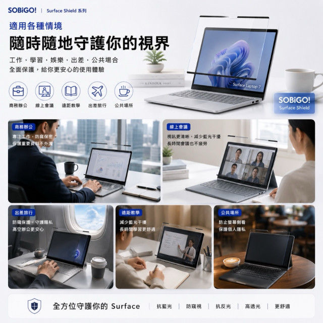 SOBiGO 鎖必隔｜Microsoft Surface 專用磁吸式抗藍光保護膜 (霧面防眩)｜AG防眩光 消除反光倒影 護眼首選 Pro 11/10/9 Laptop