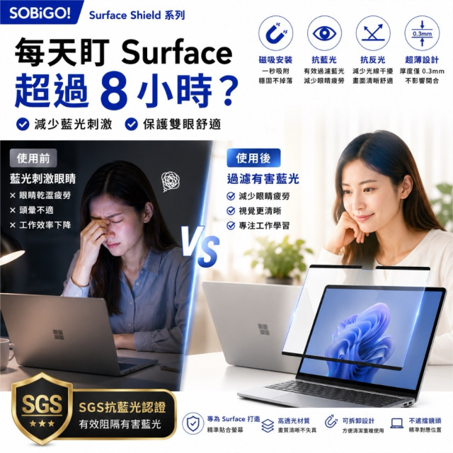 SOBiGO 鎖必隔｜Microsoft Surface 專用磁吸式抗藍光保護膜 (霧面防眩)｜AG防眩光 消除反光倒影 護眼首選 Pro 11/10/9 Laptop