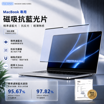 SOBiGO 鎖必隔｜MacBook 專用磁吸式抗藍光保護膜 (霧面防眩)｜SGS認證 消除螢幕反光 護眼不發黃 支援 Air / Pro 全系列