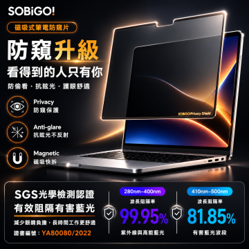 SOBiGO 鎖必隔｜MacBook 專用磁吸式防窺抗藍光保護片｜一秒吸附 不留殘膠 支援 Air / Pro 13/14/15/16吋