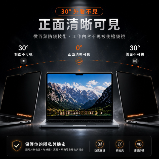 SOBiGO 鎖必隔｜MacBook 專用磁吸式防窺抗藍光保護片｜一秒吸附 不留殘膠 支援 Air / Pro 13/14/15/16吋