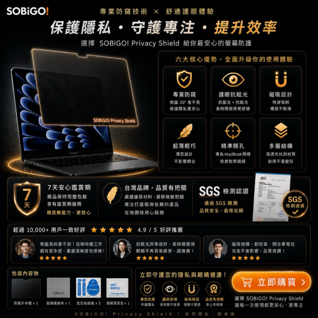 SOBiGO 鎖必隔｜MacBook 專用磁吸式防窺抗藍光保護片｜一秒吸附 不留殘膠 支援 Air / Pro 13/14/15/16吋