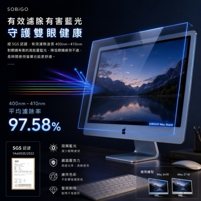 SOBiGO 鎖必隔｜iMac 21.5 / 24 / 27吋 抗藍光掛板｜壓克力護眼保護板｜防刮防撞｜免安裝