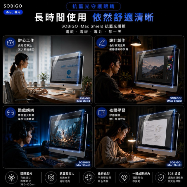 SOBiGO 鎖必隔｜iMac 21.5 / 24 / 27吋 抗藍光掛板｜壓克力護眼保護板｜防刮防撞｜免安裝