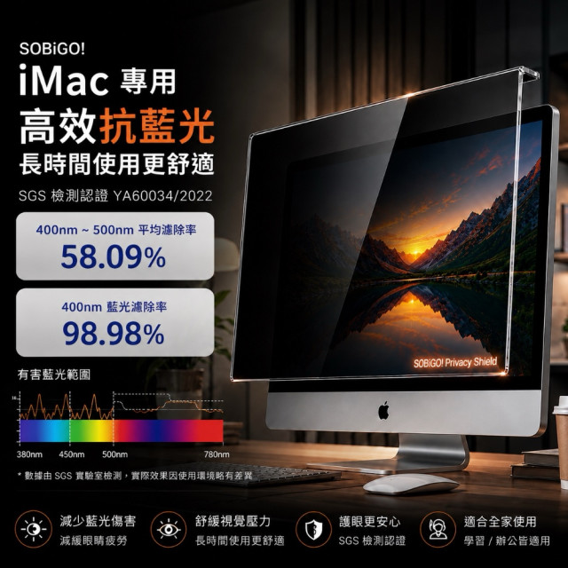 SOBiGO 鎖必隔｜iMac 21.5 / 24 / 27吋 抗藍光防窺掛板｜左右防窺｜壓克力保護板｜免安裝